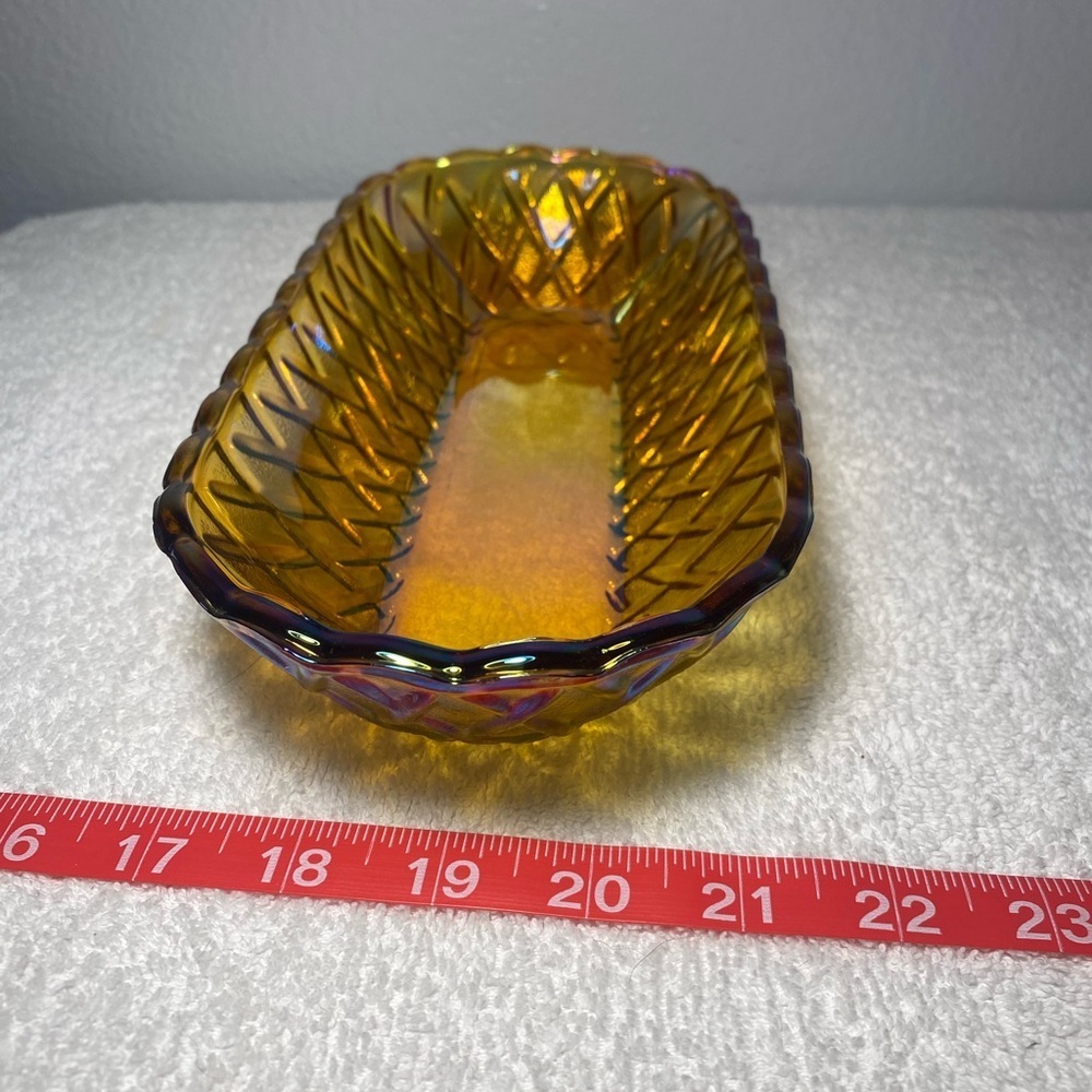 Vintage Indiana Glass Amber Carnival Celery Bread Dish Bowl Basket Weave - Picture 6 of 8